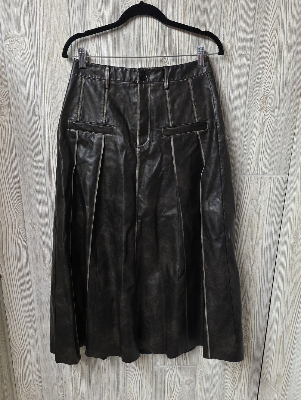 Steam Punk Feel Faux Leather Dark Brown Contrast Seams Maxi Skirt